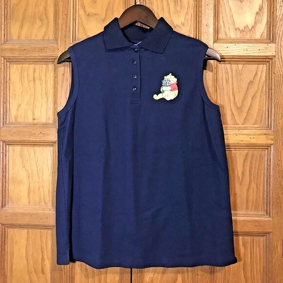 Vintage Winnie The Pooh Disney Polo Shirt Sleeveless Navy Women's L 100% Cotton - Picture 2 of 8